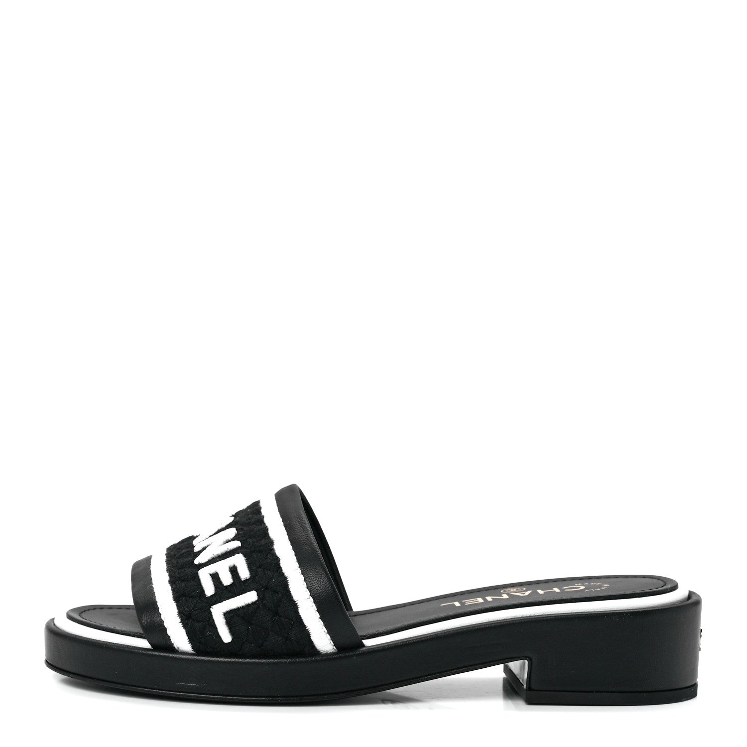 Chanel Lambskin Embroidered CC Mule Sandal 38 Black White 1 of 8