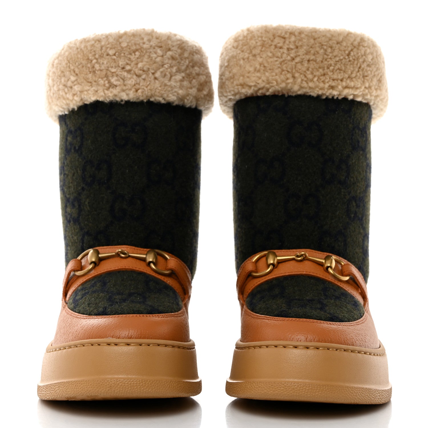 Gucci Covered Wool Monogram Textured Dollar Calfskin Shearling Horsebit Snow Boots 38.5 Underwood Blue Hazel Brown 2 of 9