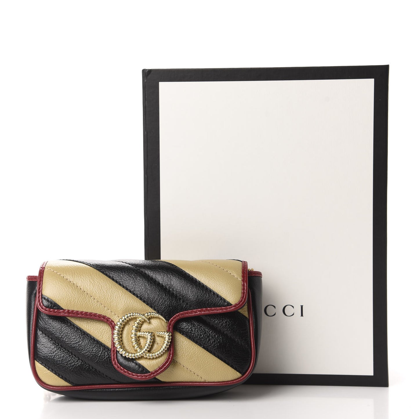 Vintage Effect Calfskin Matelasse Diagonal Striped Super Mini Torchon GG Marmont Shoulder Bag Black Beige