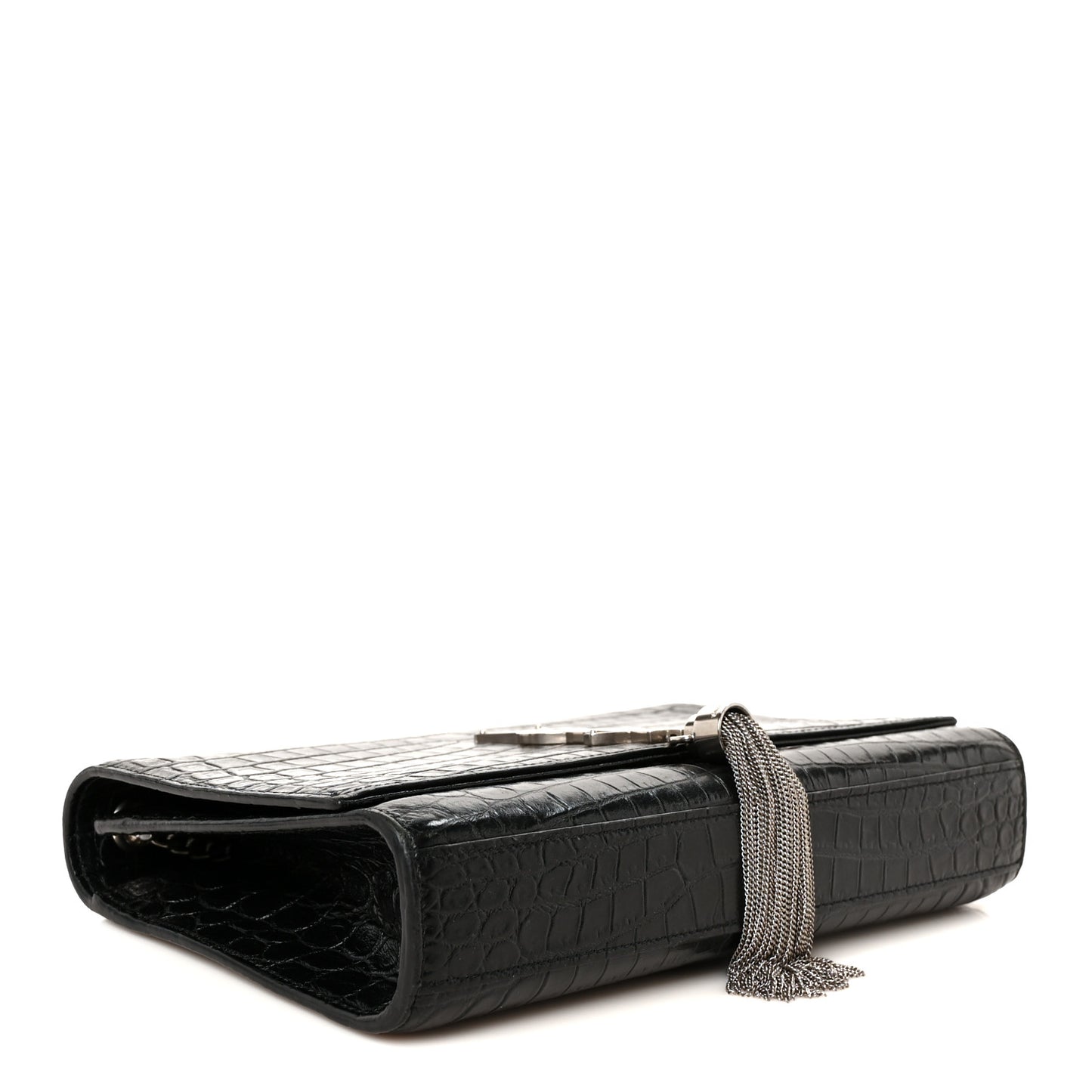 Calfskin Crocodile Embossed Medium Classic Monogram Kate Tassel Satchel Black