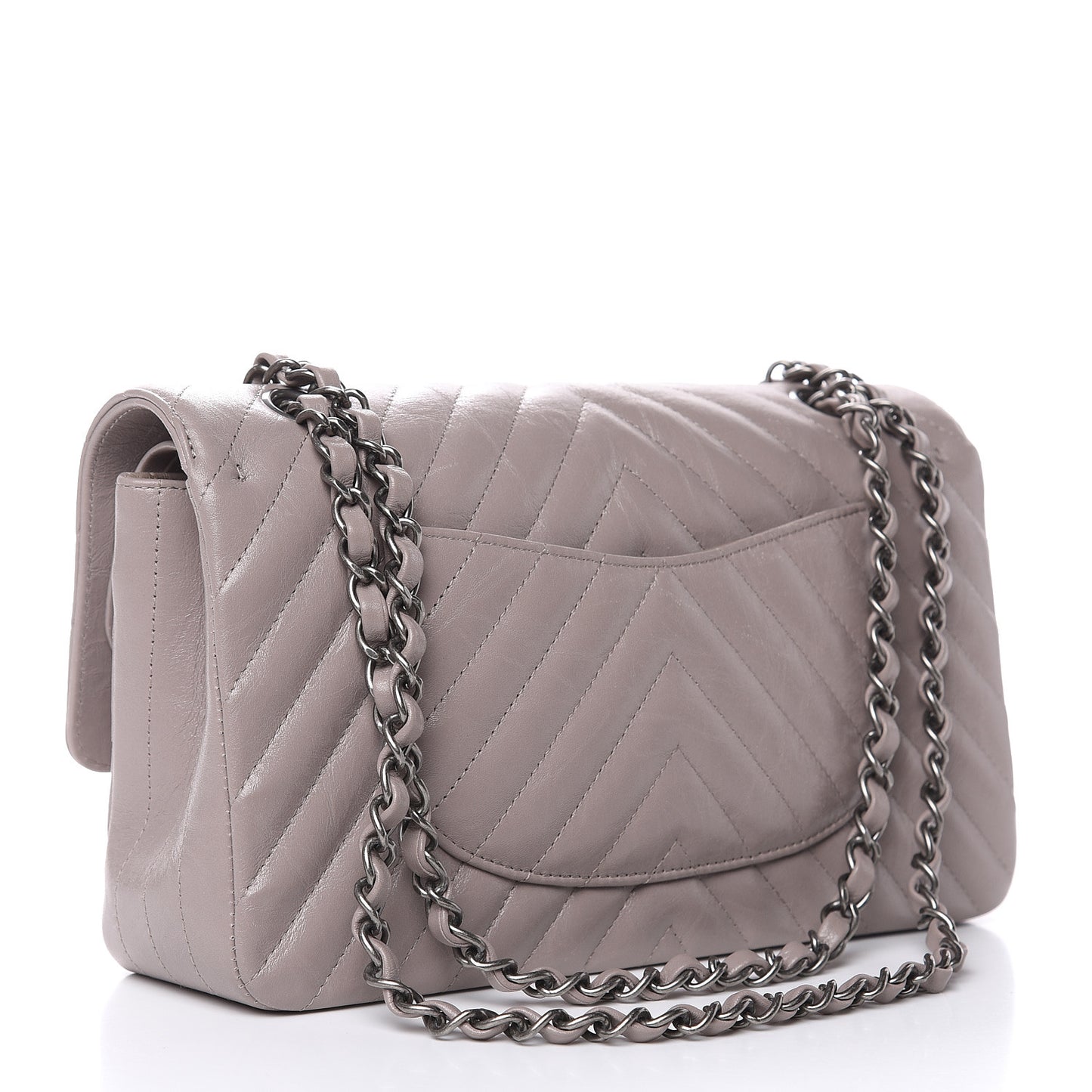 Iridescent Calfskin Chevron Quilted Medium Double Flap Grey