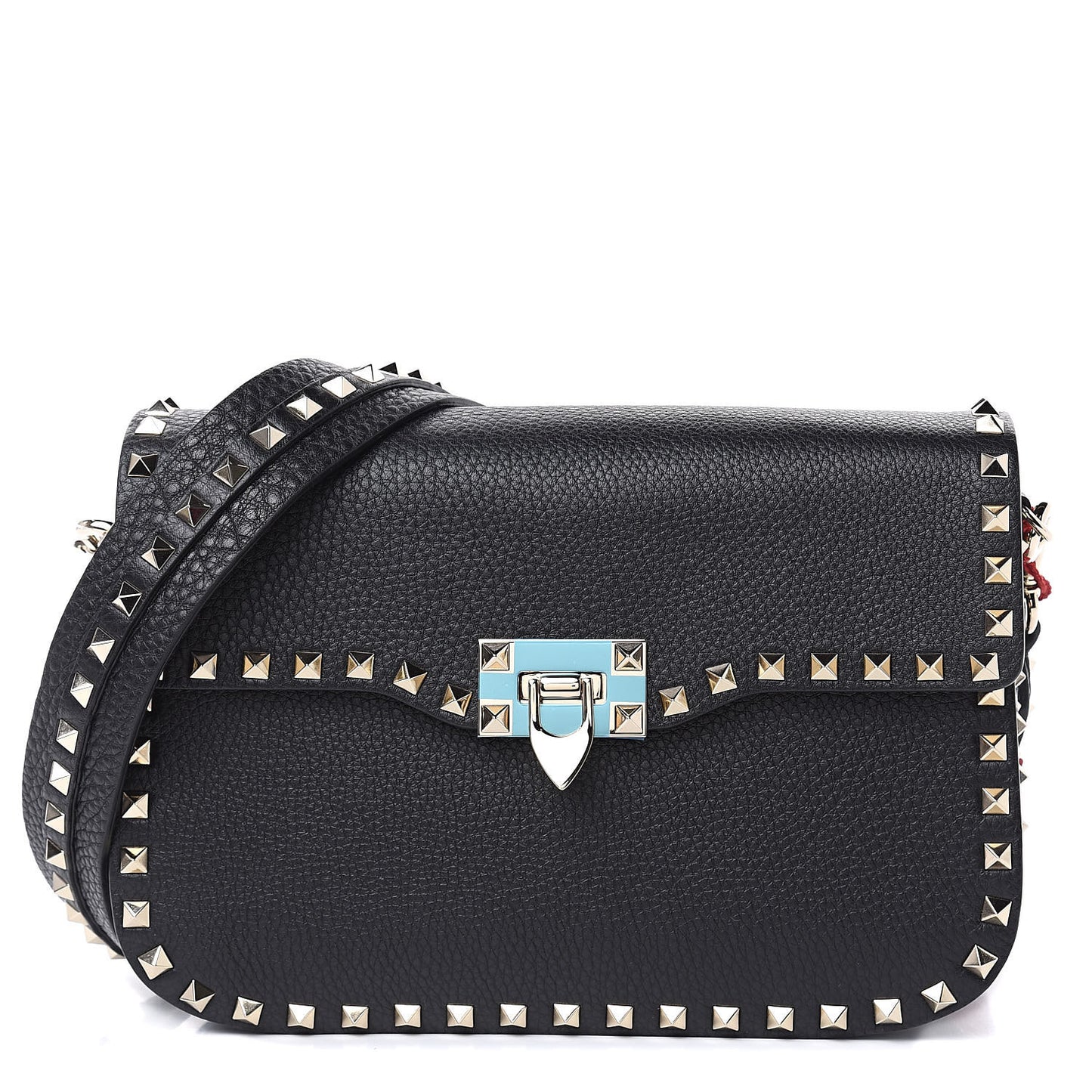Pebbled Calfskin Medium Rockstud Flap Saddle Bag Black