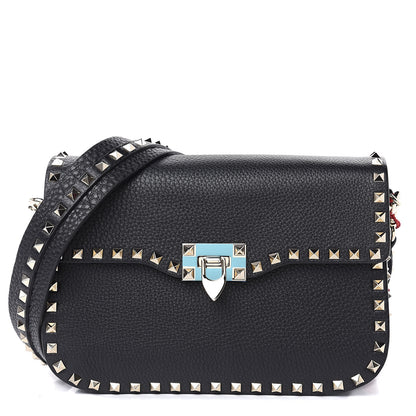 Valentino Garavani Pebbled Calfskin Medium Rockstud Flap Saddle Bag Black 1 of 10