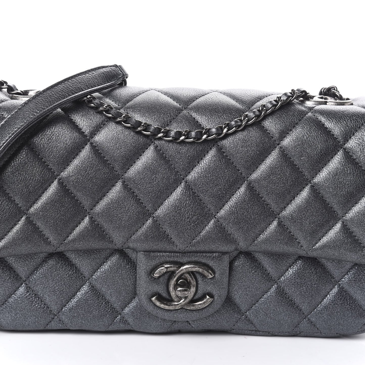 Metallic Calfskin Quilted Medium CC Eyelet Flap Dark Silver