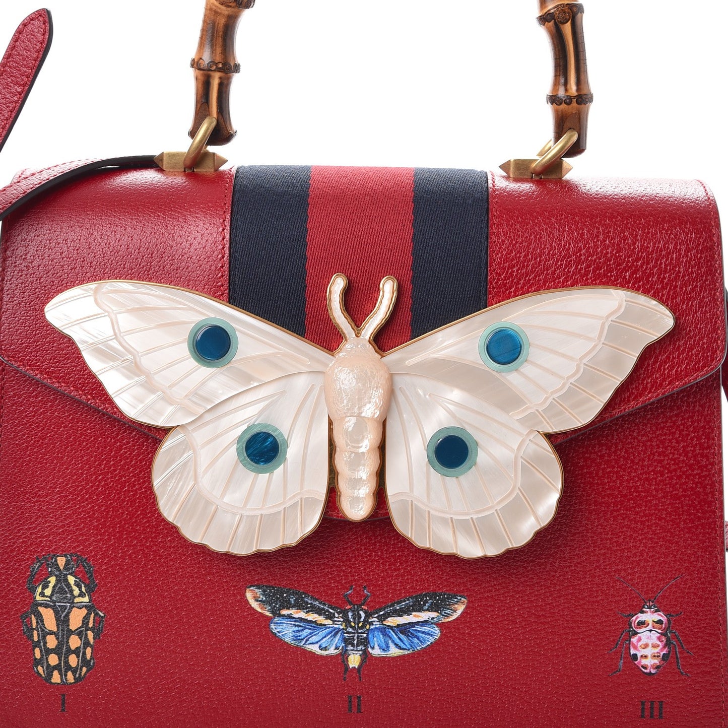 Calfskin Bamboo Web Medium Falena Moth Top Handle Bag Hibiscus Red