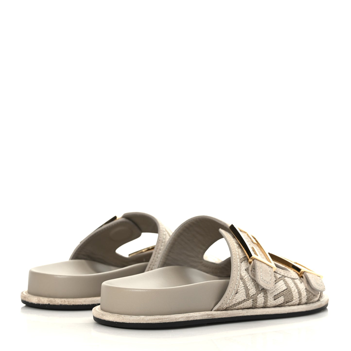 Chenille Fabric Jacquard Suede FF Womens Fendi Feel Buckled Slide Sandals 38 Tortora Nuvola Rock