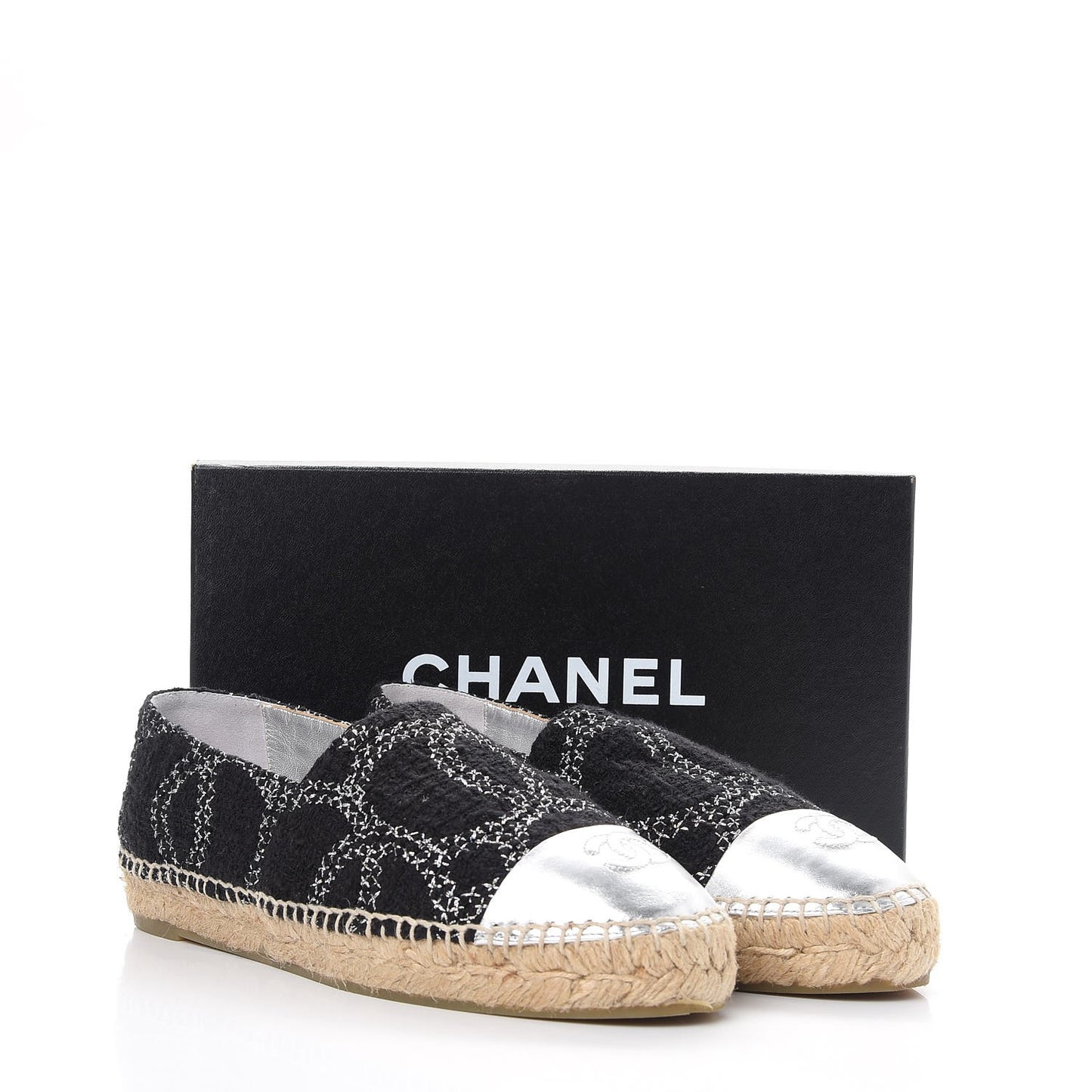 Tweed Lambskin CC Espadrilles 39 Black Silver