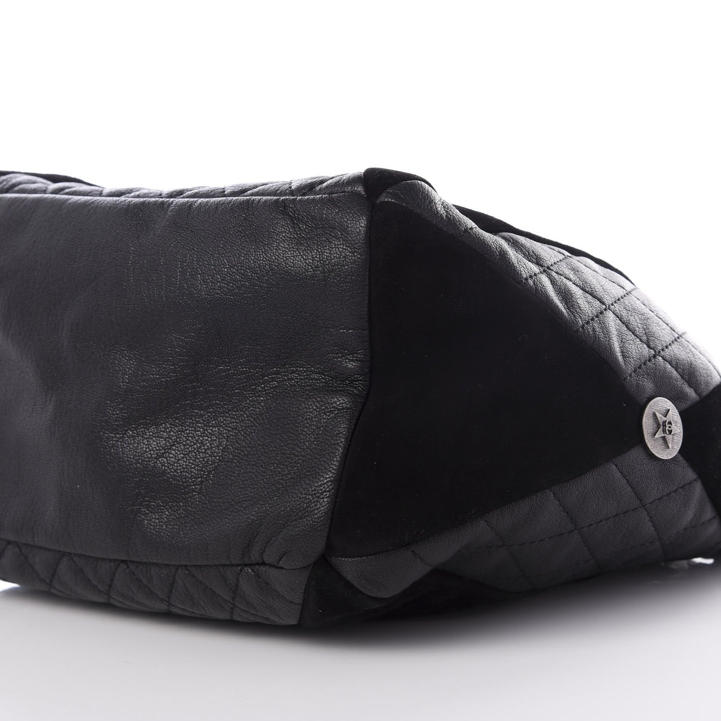 Goatskin Suede Calfskin Quilted Patchwork Drawstring Bag Black