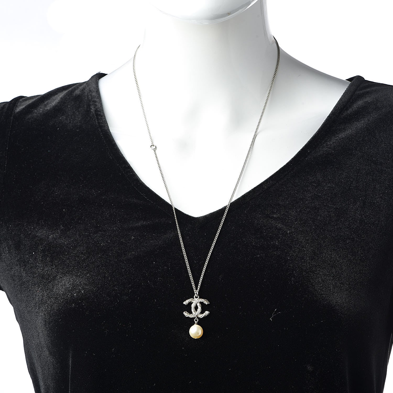 Chanel Pearl Twisted CC Drop Necklace Silver 2 of 5