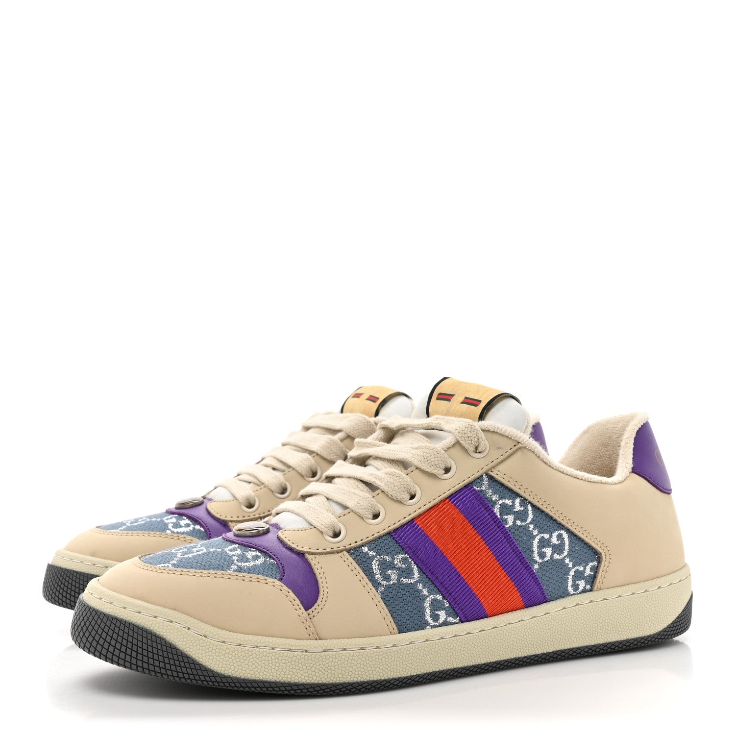 Gucci Calfskin Lame GG Monogram Web Womens Screener Sneakers 40 Blue Silver Dusty Milk Shine Purple 3 of 13