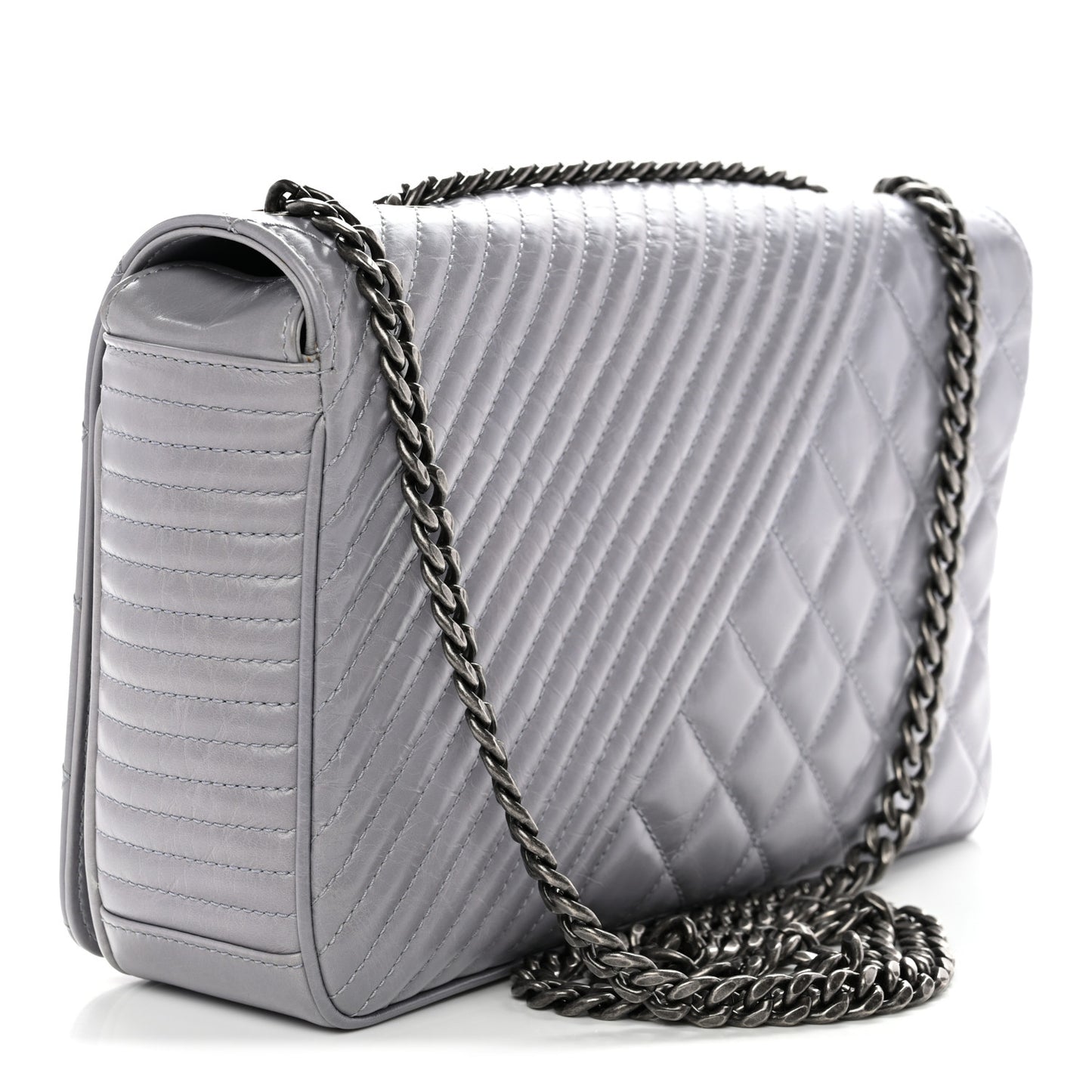 Glazed Calfskin Quilted Medium Coco Boy Flap Light Grey