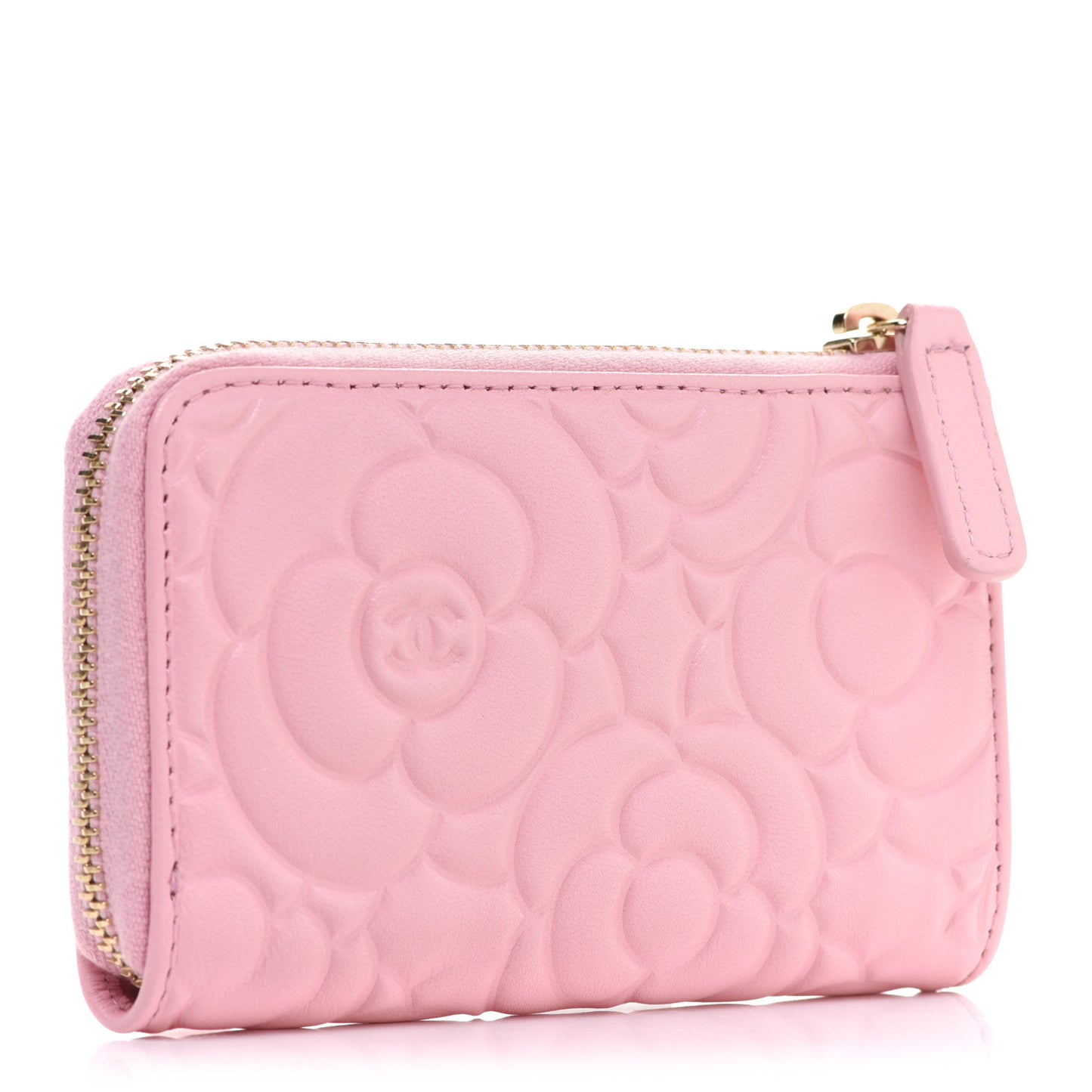 Lambskin Camellia Embossed Key Holder Case Pink