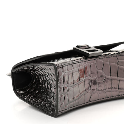Balenciaga Shiny Calfskin Crocodile Embossed Hourglass Top Handle Bag XS Gunmetal 8 of 9