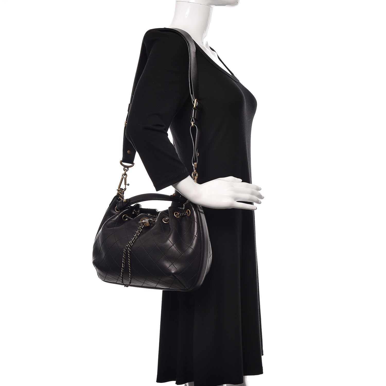Chanel Calfskin Stitched Medium Drawstring CC Bag Black 2 of 13