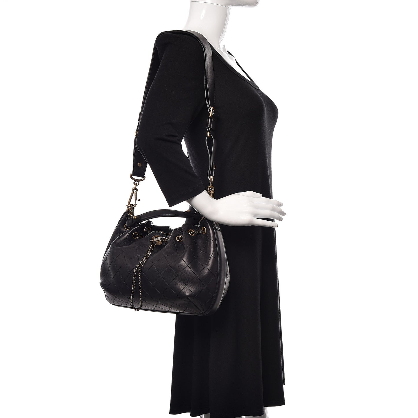 Calfskin Stitched Medium Drawstring CC Bag Black
