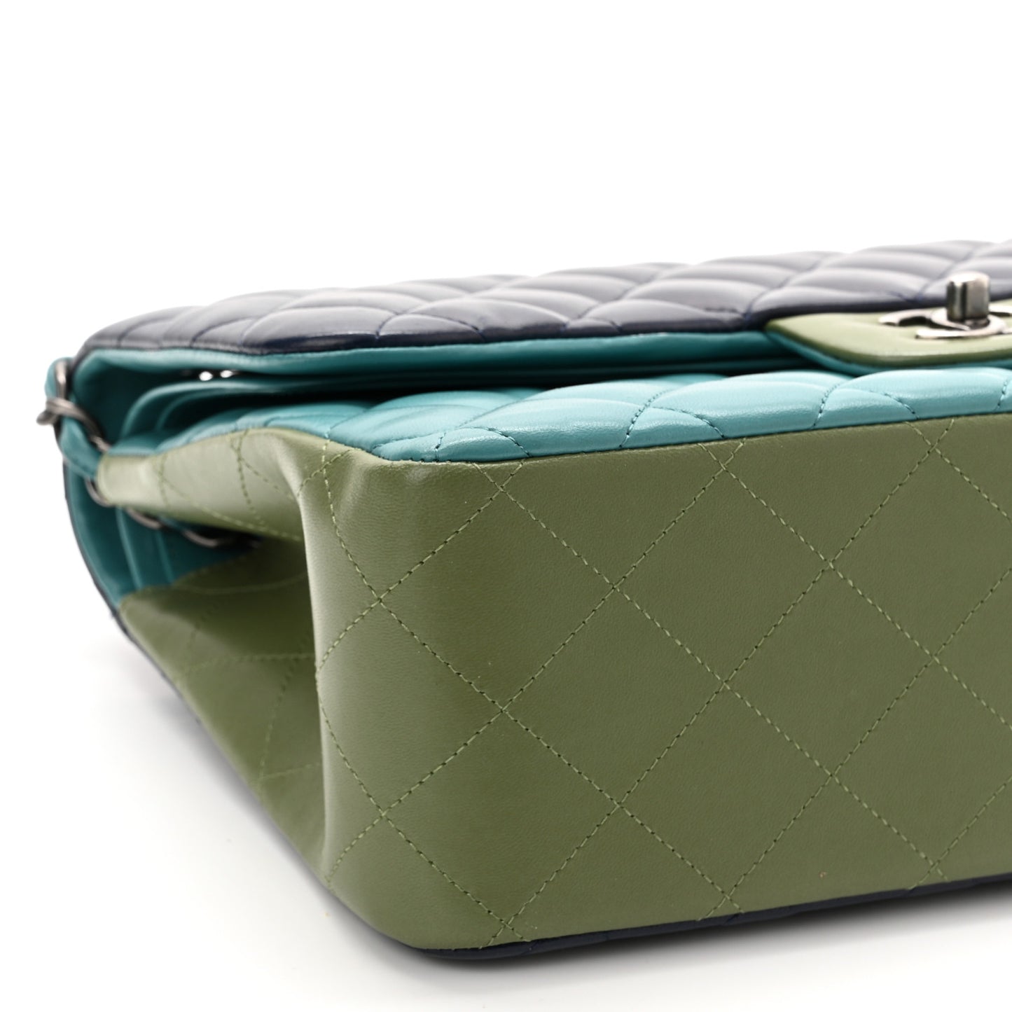 Lambskin Quilted Tri-Color Jumbo Double Flap Navy Blue Green