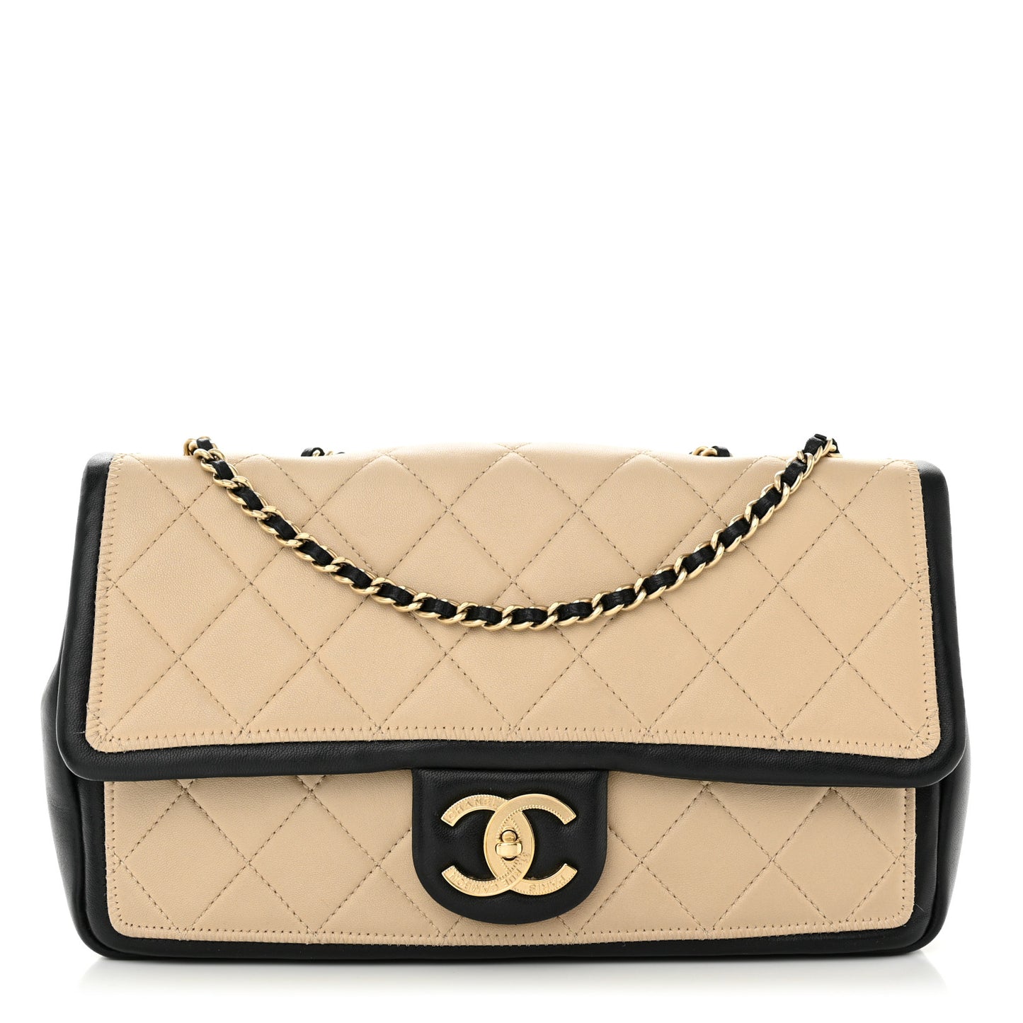 Calfskin Quilted Medium Graphic Flap Beige Black