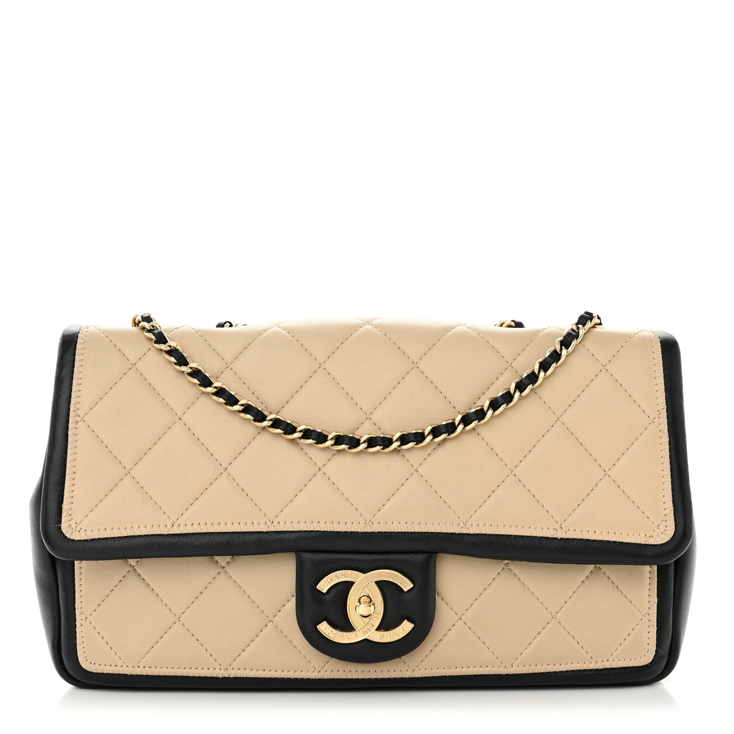 Chanel Calfskin Quilted Medium Graphic Flap Beige Black 1 of 11