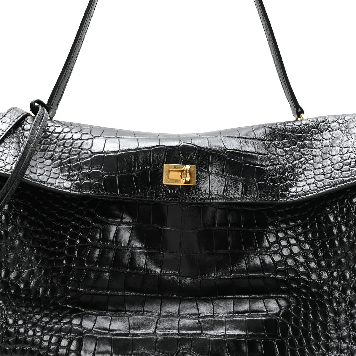 Shiny Calfskin Crocodile Embossed Large Rodeo Top Handle Handbag Black