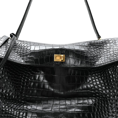 Balenciaga Shiny Calfskin Crocodile Embossed Large Rodeo Top Handle Handbag Black 8 of 10