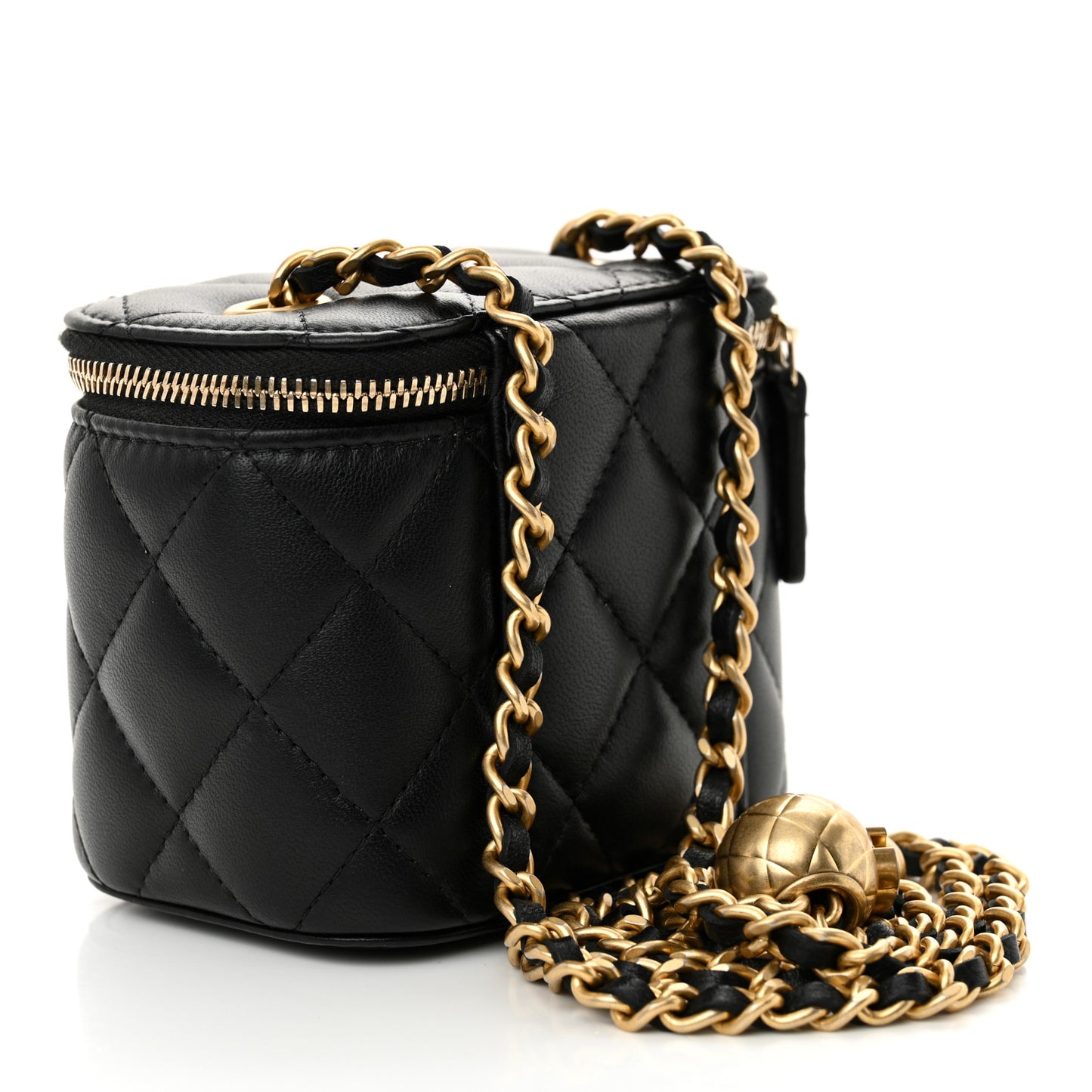 Lambskin Quilted Mini Pearl Crush Vanity Case With Chain Black