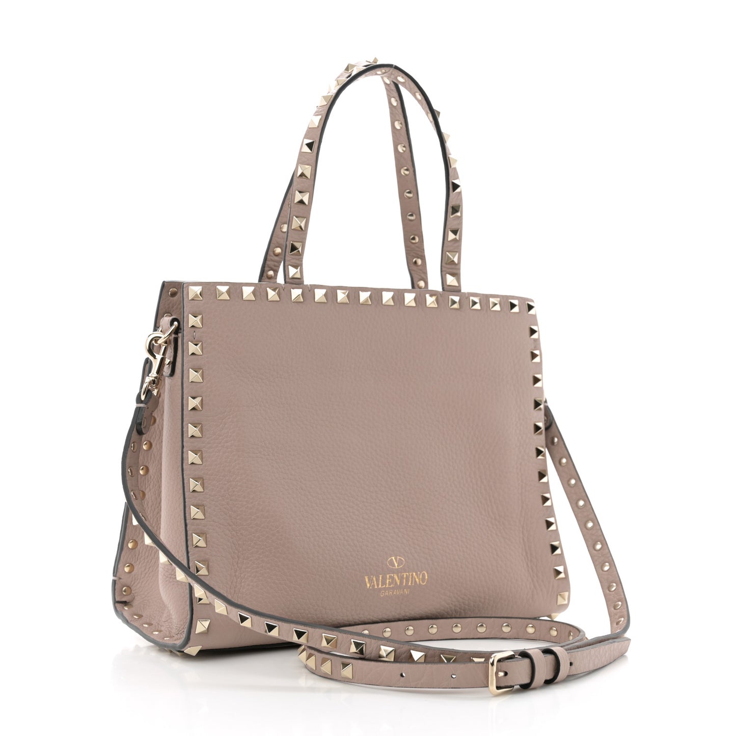Grained Calfskin Rockstud Flip Lock Tote Poudre