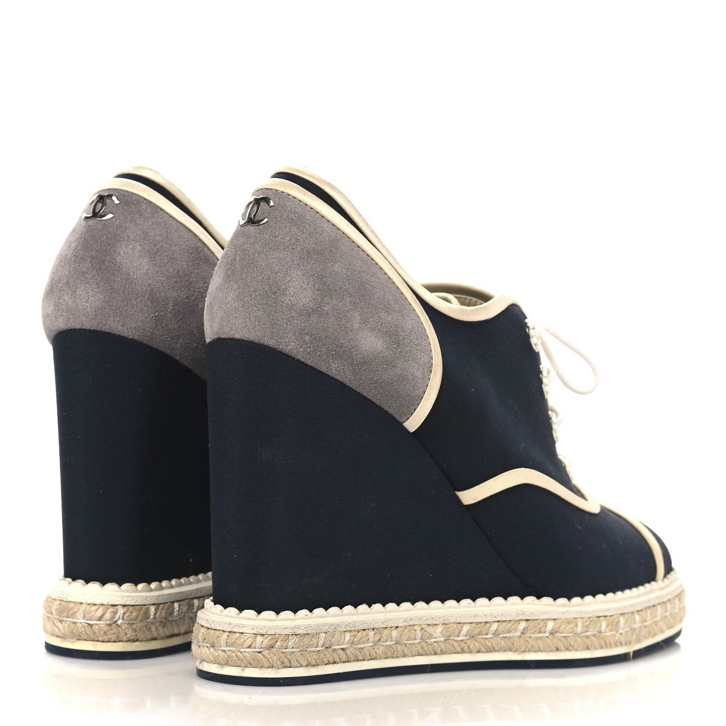 Silk Crepe Suede Calfskin Lace Up Wedge Espadrilles 39 Navy Grey