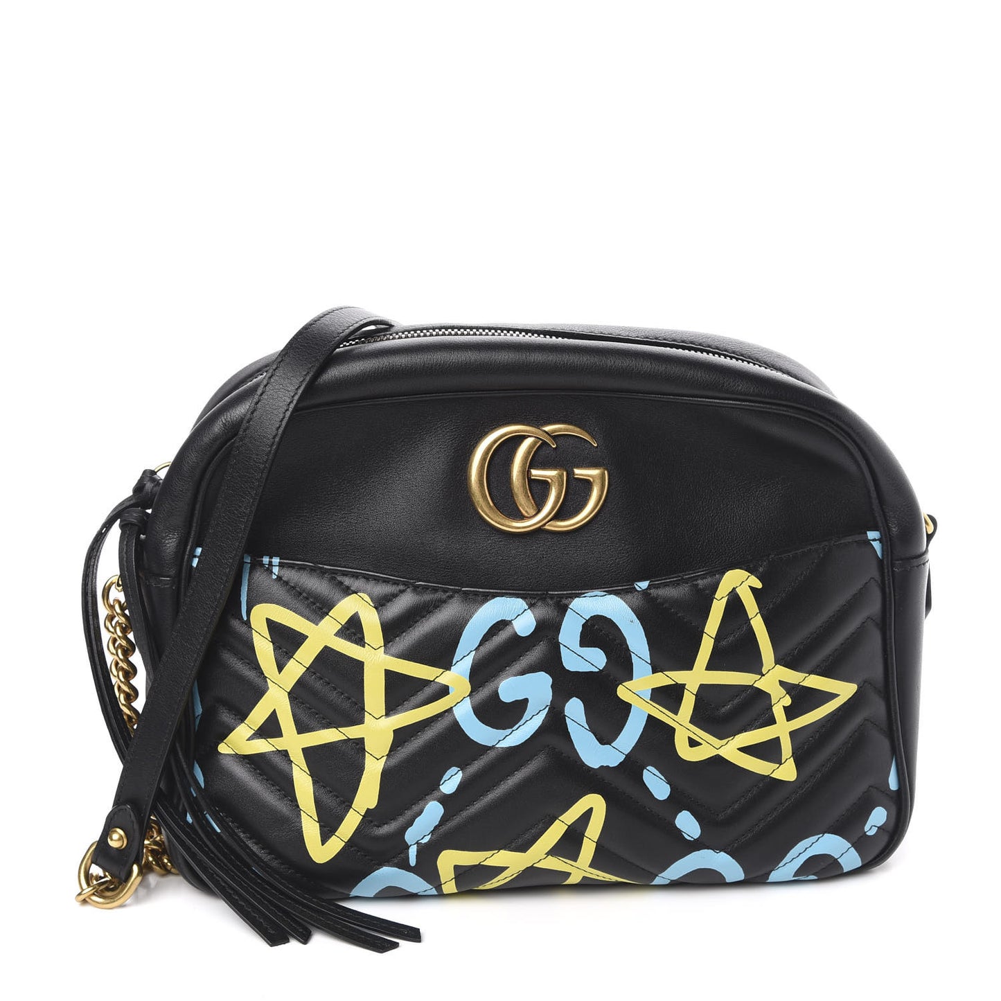 Calfskin Matelasse GucciGhost Medium GG Marmont Chain Shoulder Bag Black New Acquamarine
