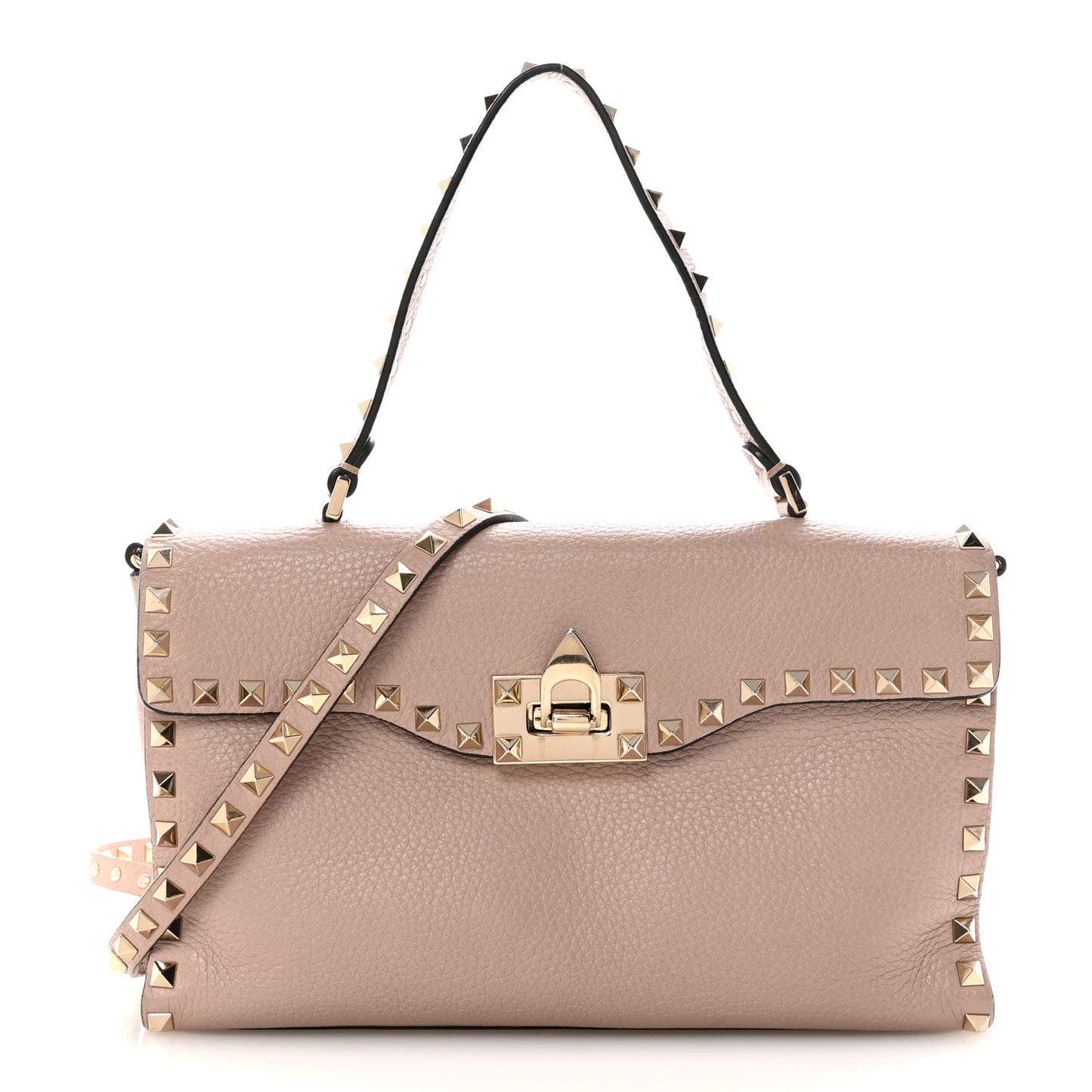 Pebbled Calfskin Medium Rockstud Top Handle Shoulder Bag Poudre