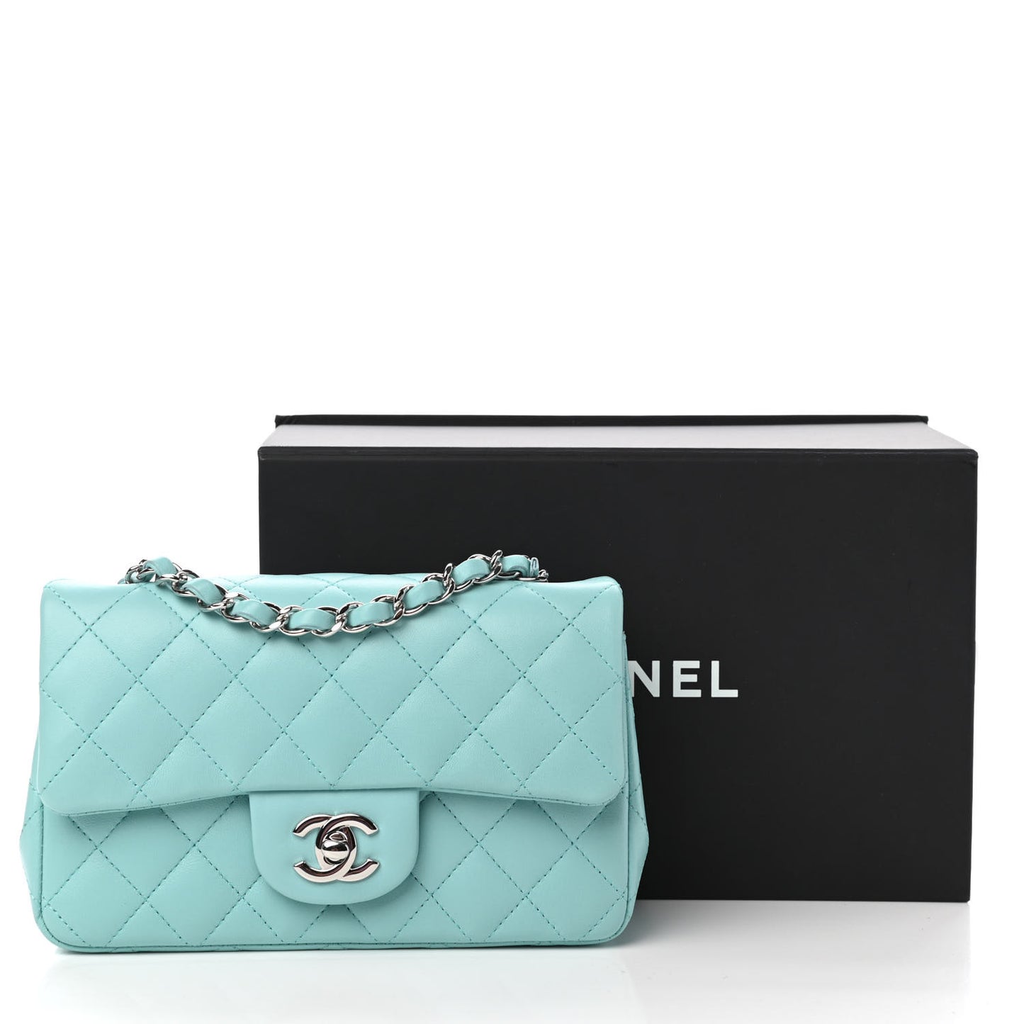Lambskin Quilted Mini Rectangular Flap Light Blue