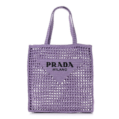 Prada Yarn Raffia Effect Crochet Logo Embroidered Tote Bag Lilium 1 of 10
