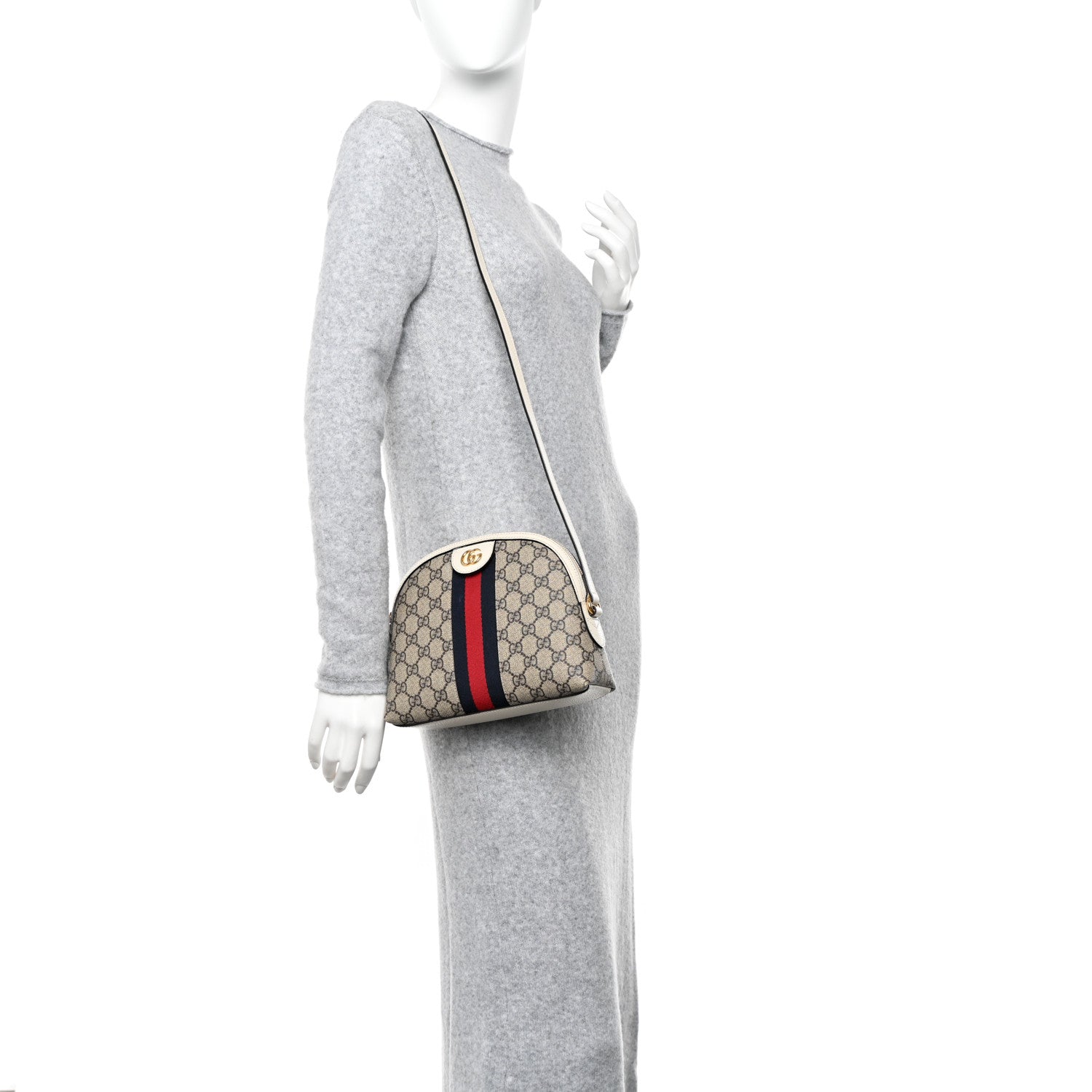 Gucci GG Supreme Monogram Textured Dollar Calfskin Web Small Ophidia Dome Shoulder Bag Beige Ebony Mystic White 2 of 13