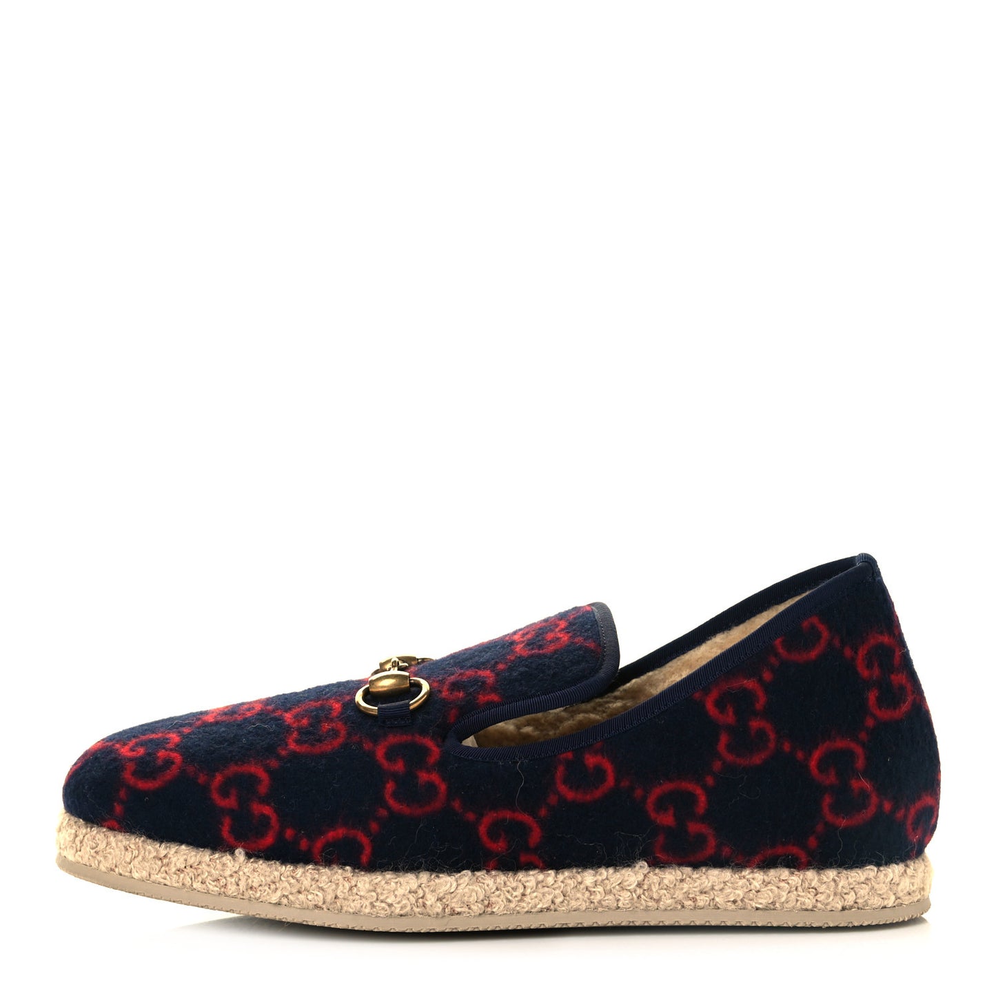 Covered Wool GG Monogram Mens Fria Horsebit Loafers 7 Blue Red Butterscotch