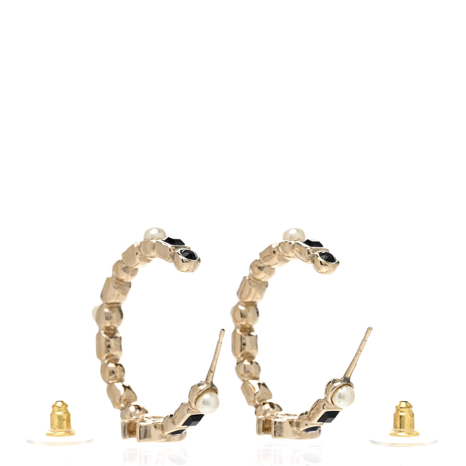 Chanel Lambskin Pearl CC Chain Hoop Earrings Gold Black 3 of 5