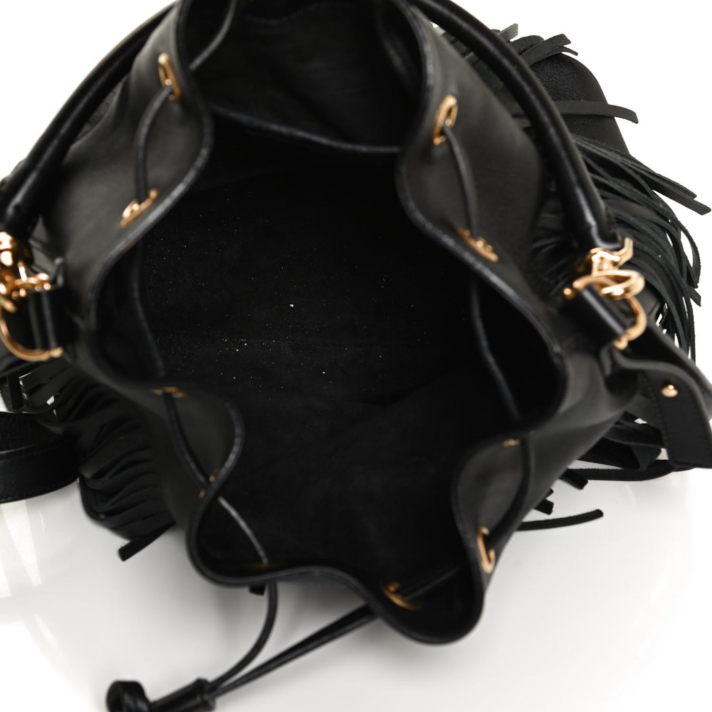 Calfskin Small Emmanuelle Fringe Bucket Bag Black