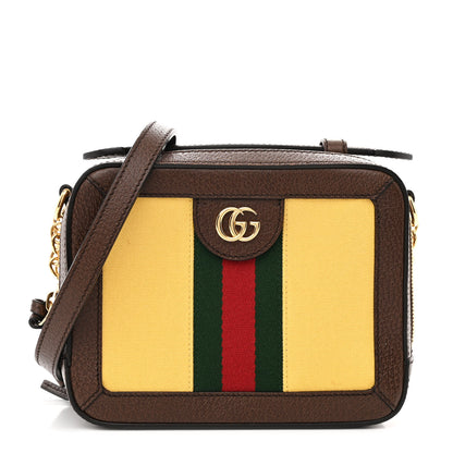 Gucci Canvas Textured Calfskin Web Mini Ophidia Top Handle Shoulder Bag Easy  Yellow Dark Brown 1 of 10