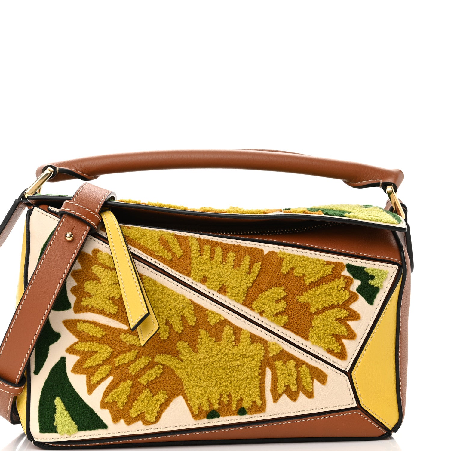 Loewe Calfskin Embroidered Floral Small Puzzle Bag Tan Yellow 7 of 9