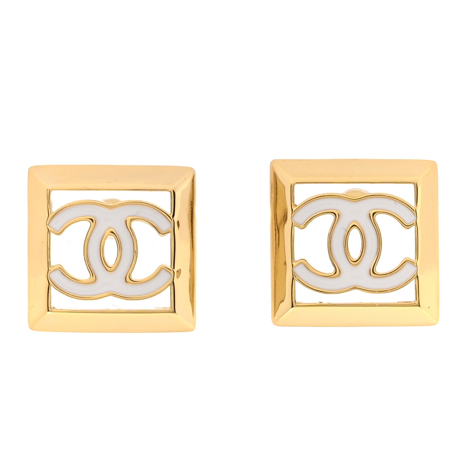 Chanel Metal Enamel CC Square Earrings Gold White 1 of 4