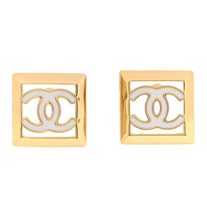 Chanel Metal Enamel CC Square Earrings Gold White 1 of 4