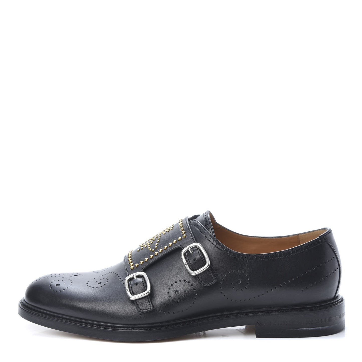 Calfskin Perforated Studded Mens Medallion Toe Double Monk Strap Loafers 8 Black