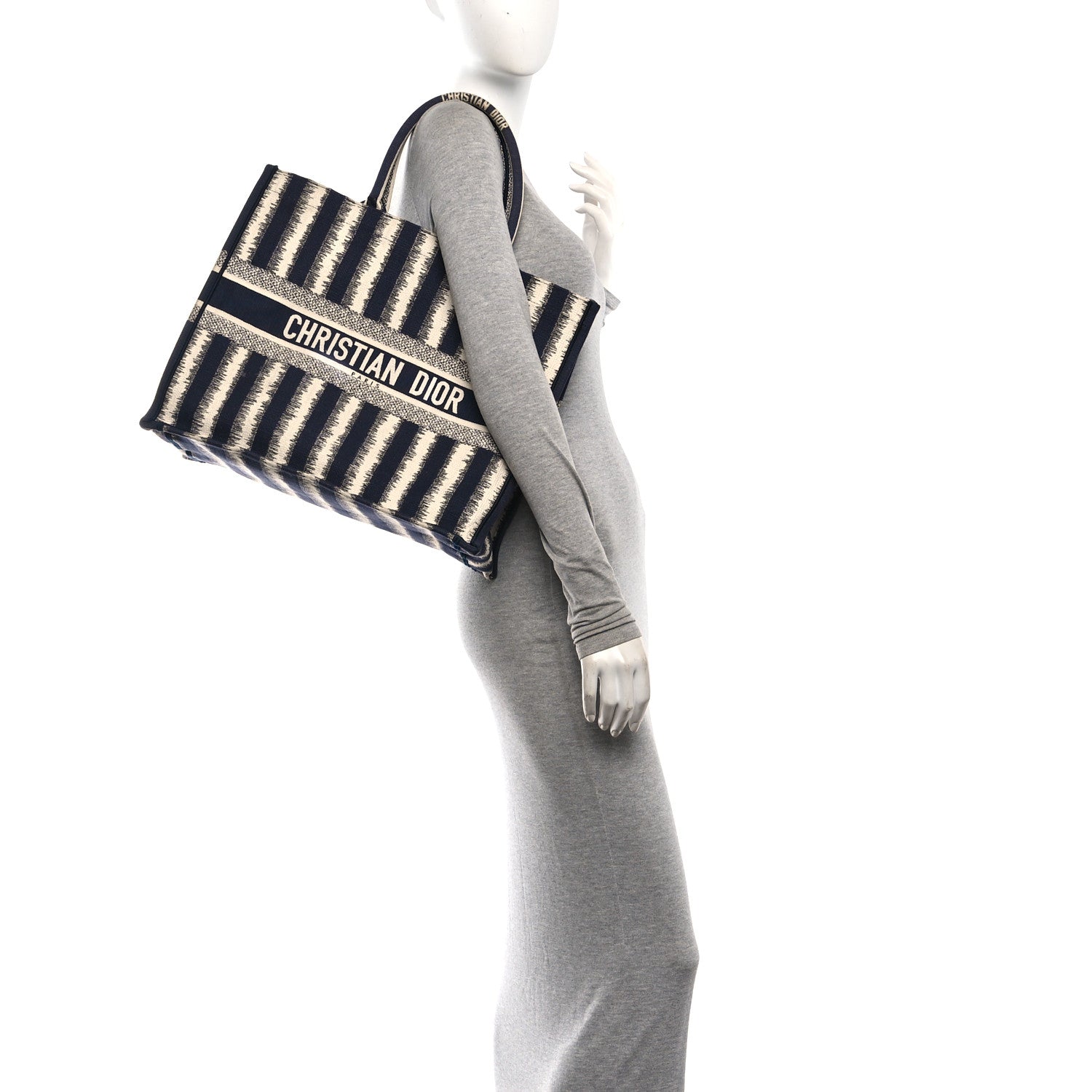 Christian Dior Canvas Embroidered Large Striped Book Tote Navy 2 of 11
