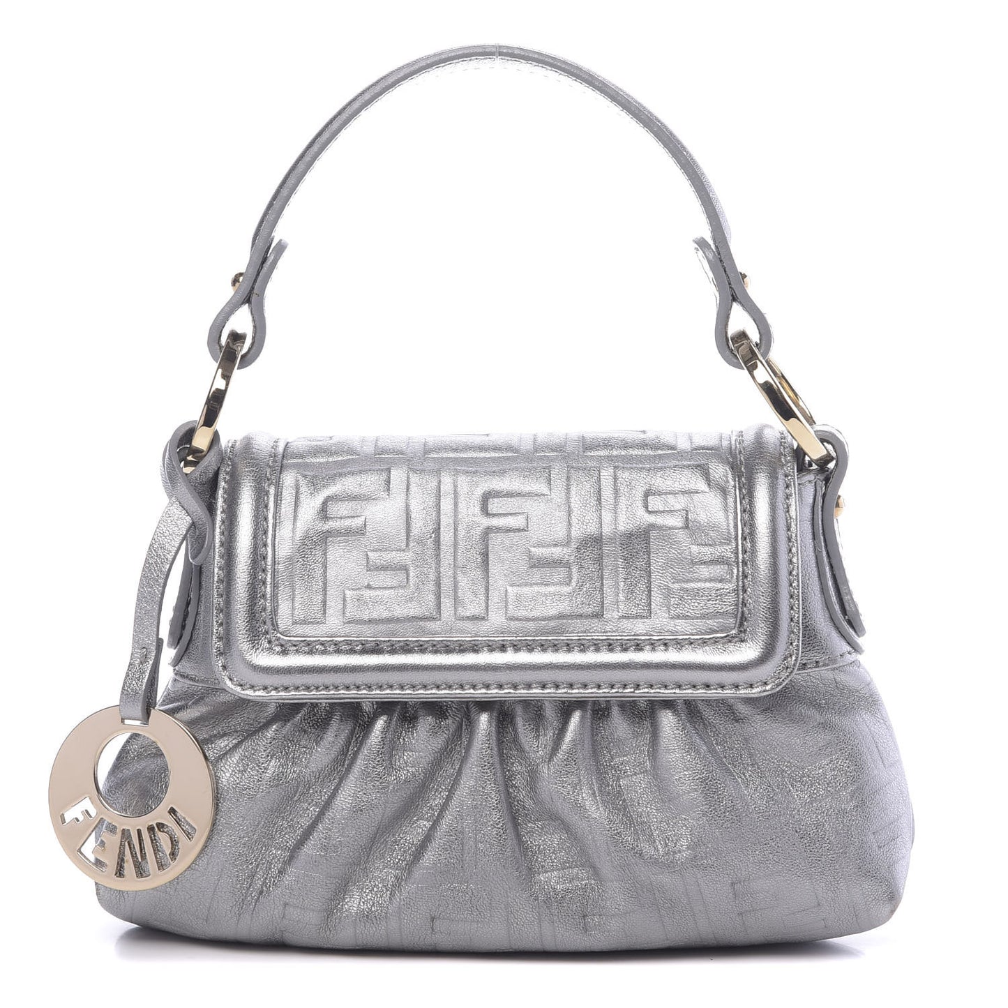 Metallic Calfskin FF Embossed Mini Chef Shoulder Bag Argento
