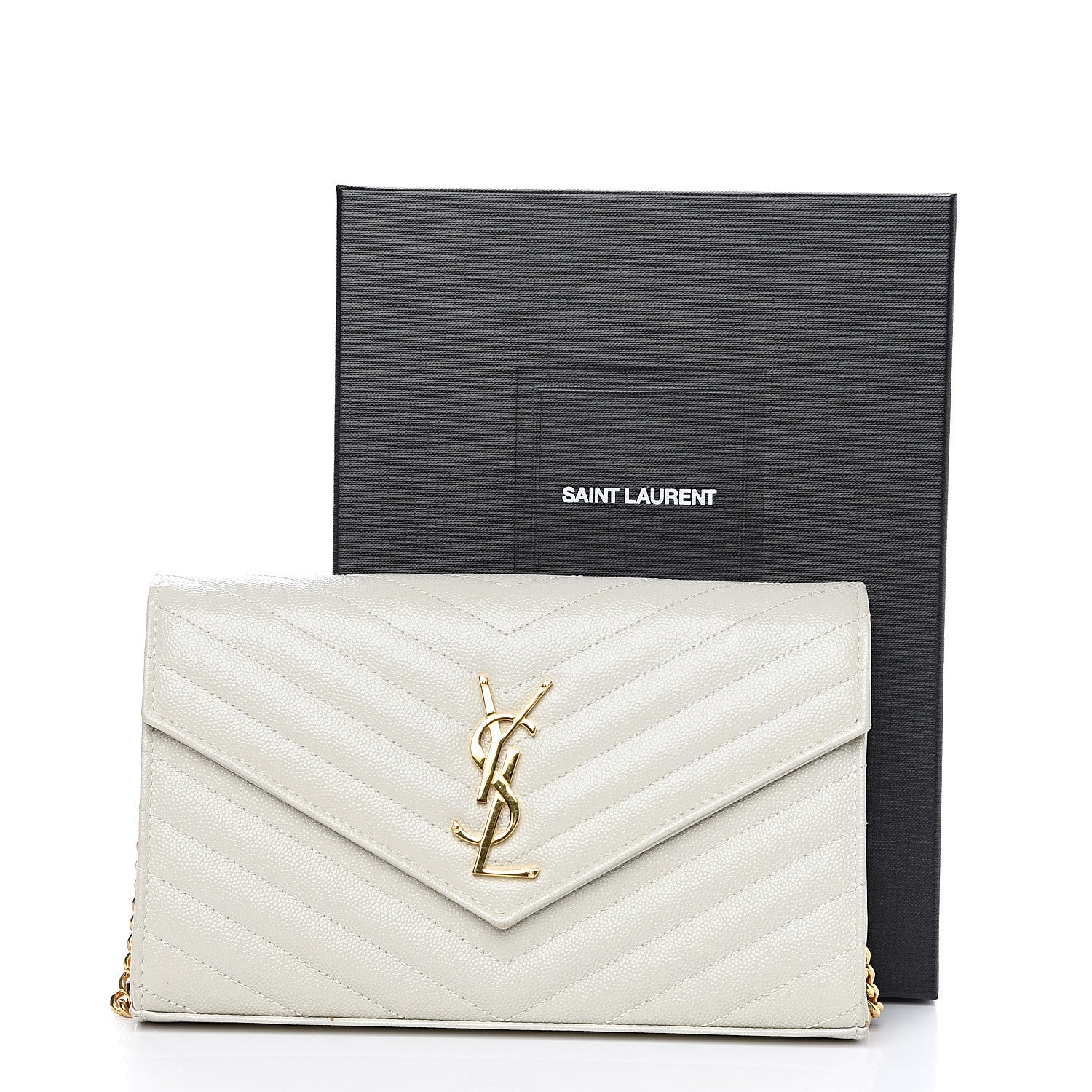 Saint Laurent Grain De Poudre Matelasse Chevron Monogram Chain Wallet Cream 11 of 11