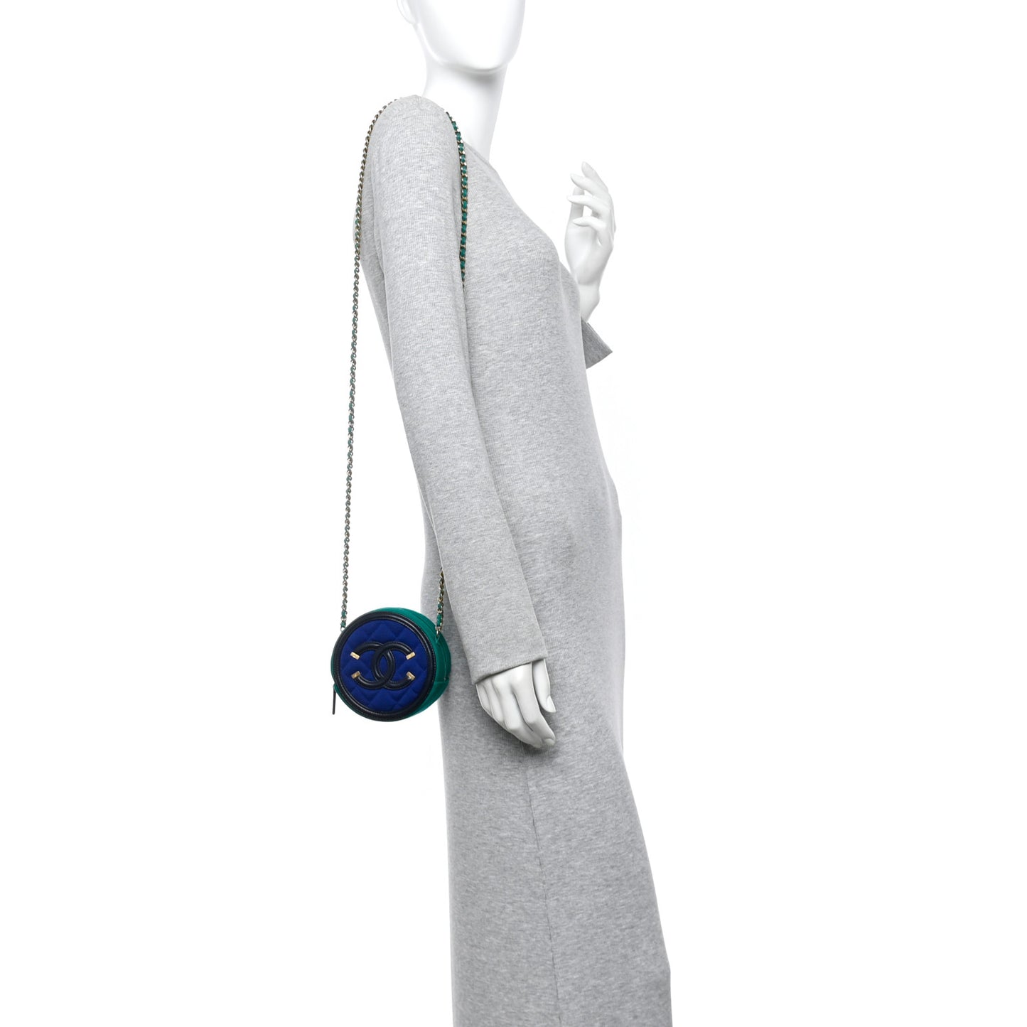 Jersey Quilted CC Filigree Round Clutch With Chain Blue Green Black