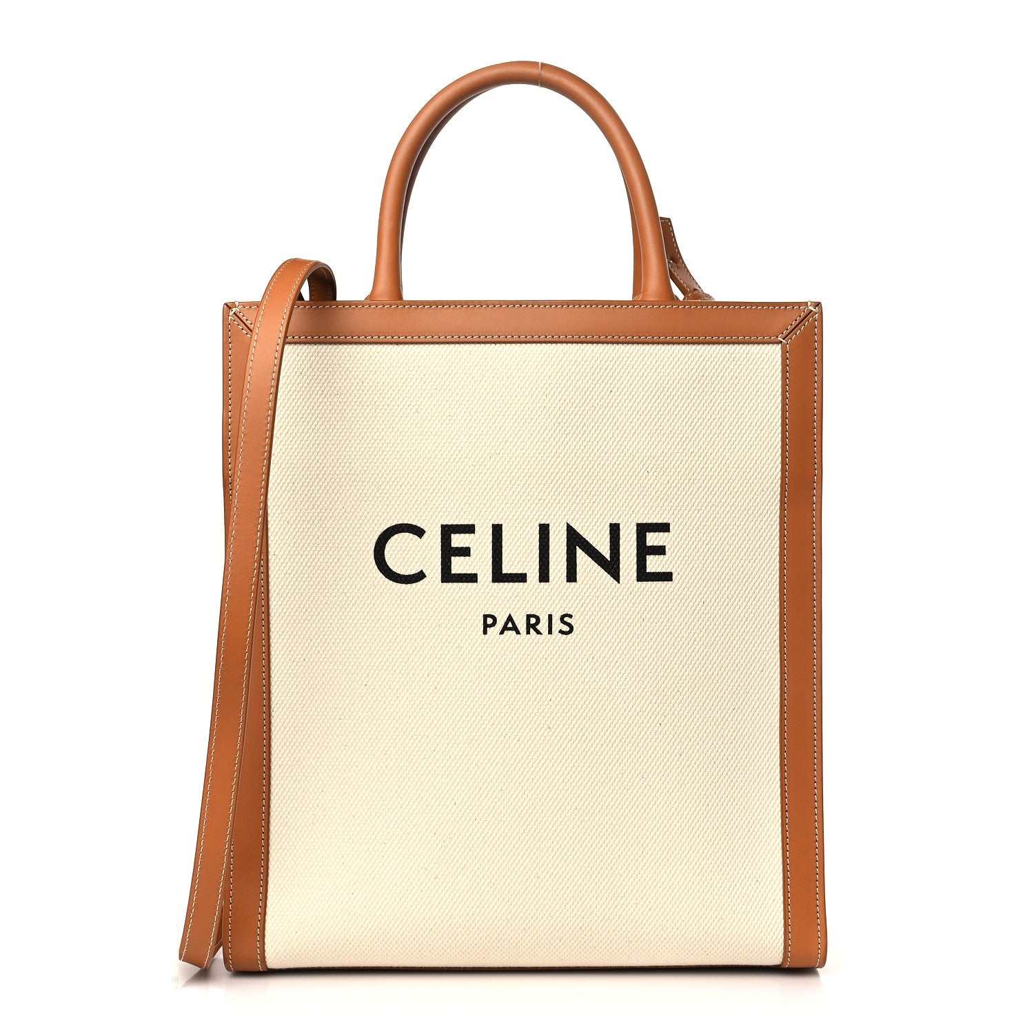 Celine Canvas Calfskin Logo Print Small Vertical Cabas Natural Tan 1 of 9