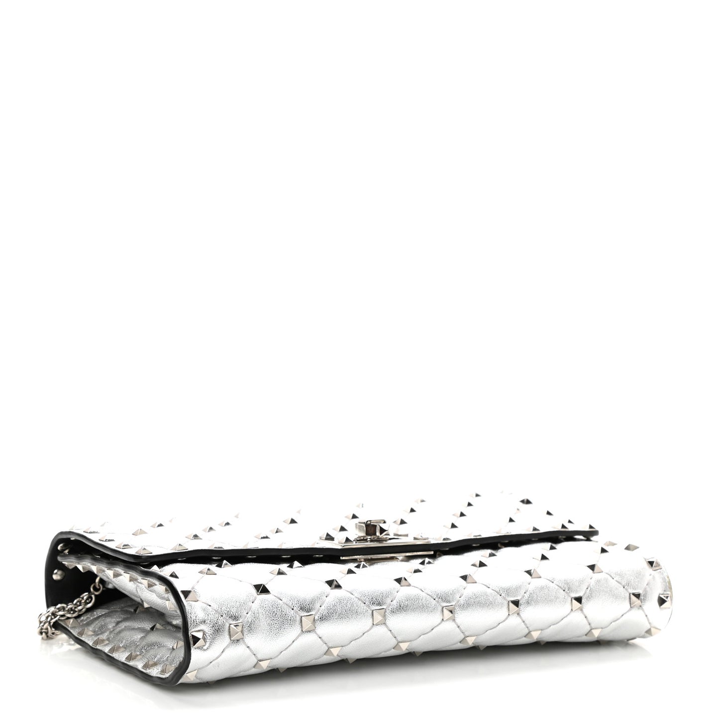 Metallic Lambskin Rockstud Spike Wallet on Chain Silver