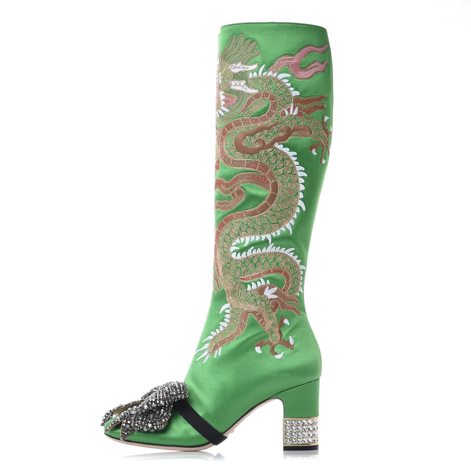 Gucci Silk Satin Malaga Kid Embroidered Candy Dragon Block-Heel Knee Boot 39 Palm 1 of 14
