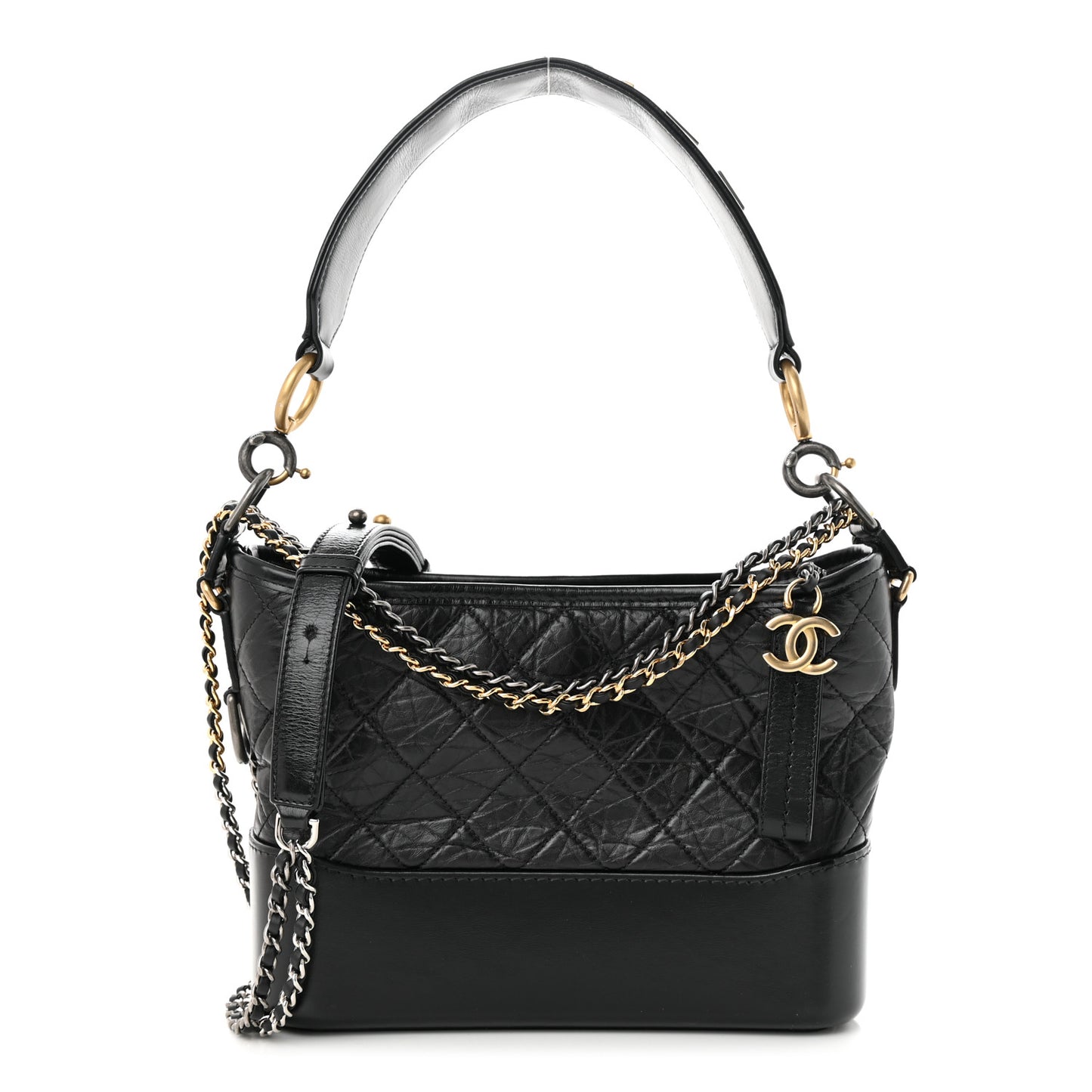 Aged Smooth Calfskin Quilted Medium Gabrielle Logo Hobo Black