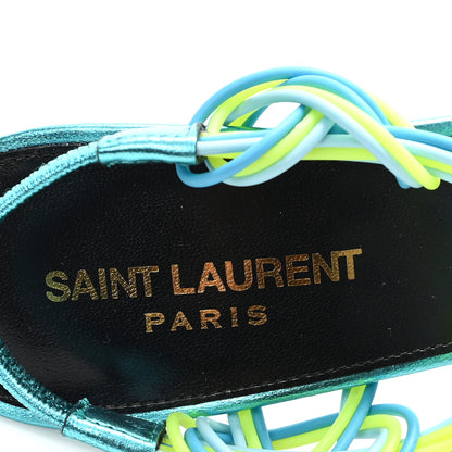 Saint Laurent Metallic Calfskin Gippy 105 Sandals 38.5 Cerulean Giallo Fluo 8 of 8