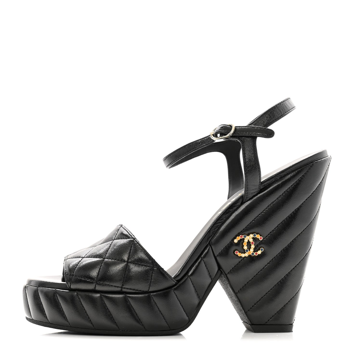 Shiny Lambskin Quilted Platform Sandals 39 Black